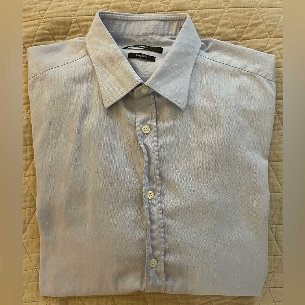Z Zegna Drop‎ 8 Fit Subtle Herringbone Dress Shirt in Blue Size 42/16 1/2